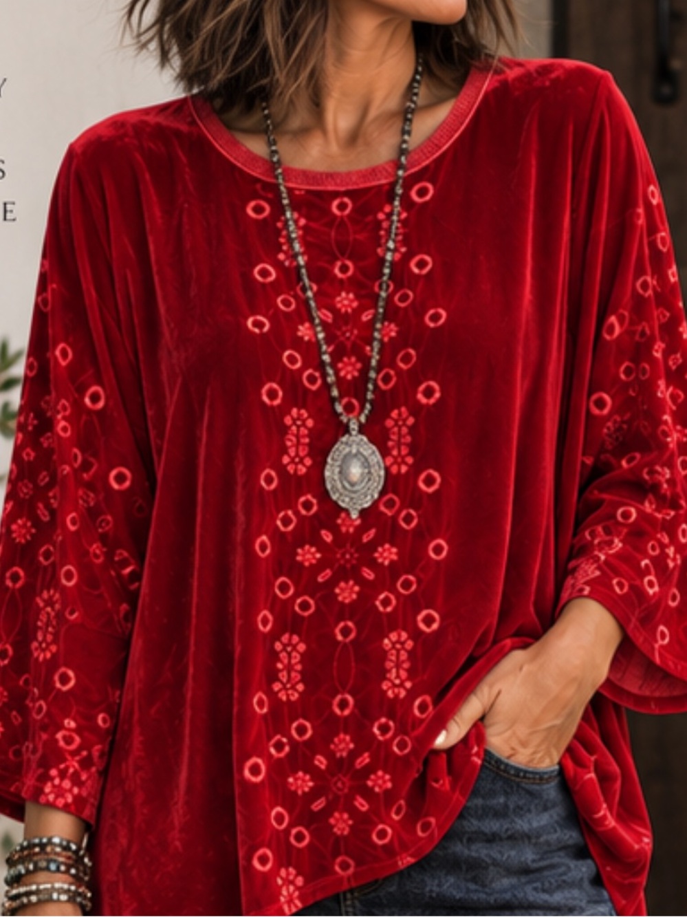 Johnny Was Red Velvet Embroidered Tunic Top Size Medium Boho Luxe